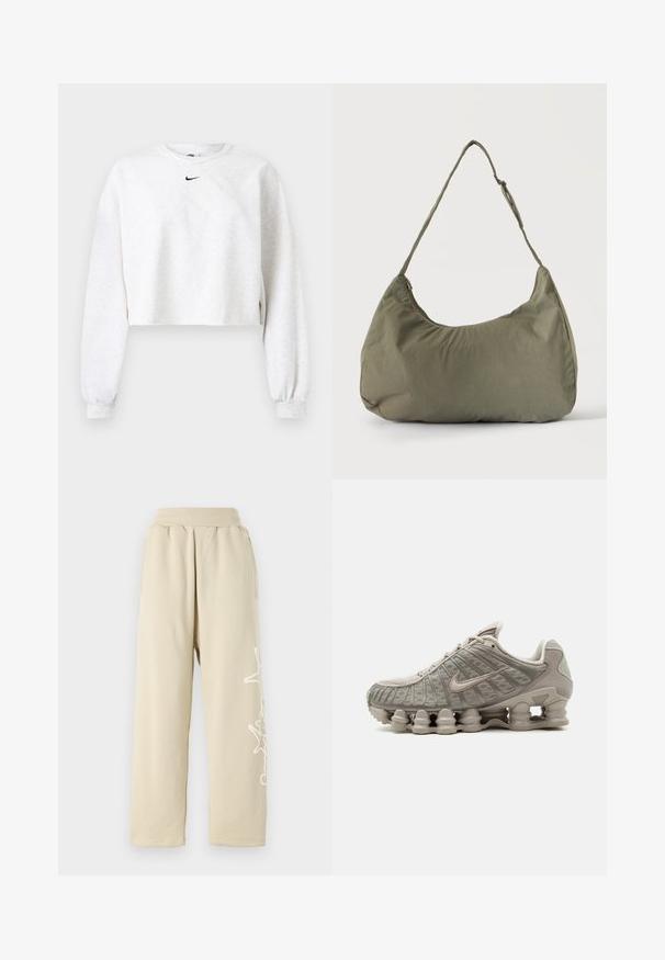 Kerged kangast halli varjundiga lühendatud pikkusega tunkesärk. Omab ümara kaelusega, pika varrukaga ja elastsete mansettidega ning must Nike logo rinna kohal.; Bežad, lõdva lõikega dressipüksid elastse vööga, küljetaskud ja valge graafiline detail vasakul jalal. Pehme puuvillane materjal.; Hele beež Nike Shoxi sneaker nähtava sambakujulise polsterdusega tallaga ja võrgust üliskattega.; Õlakott pehmest oliivrohelisest kangast, lukuga sulgemine ja reguleeritav rihm, ühtlasel heledal taustal.