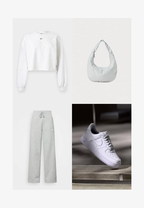 Sweat-shirt raccourci de couleur gris clair, en tissu doux. Caractérisé par un col rond, des manches longues avec des poignets élastiques, et un logo Nike noir au-dessus de la poitrine.; Pantalon de survêtement gris avec une taille élastique, un détail de cordon de serrage et un petit logo Nike blanc sur la cuisse gauche. Tissu doux, coupe ample.; Baskets Nike Air Force 1 blanches lévitant au-dessus d'une surface en béton avec des ombres dans un cadre minimaliste.; Sac hobo doux, de couleur gris clair, fabriqué en matériau synthétique. Présente une poignée rembourrée unique et un compartiment zippé sur le côté.