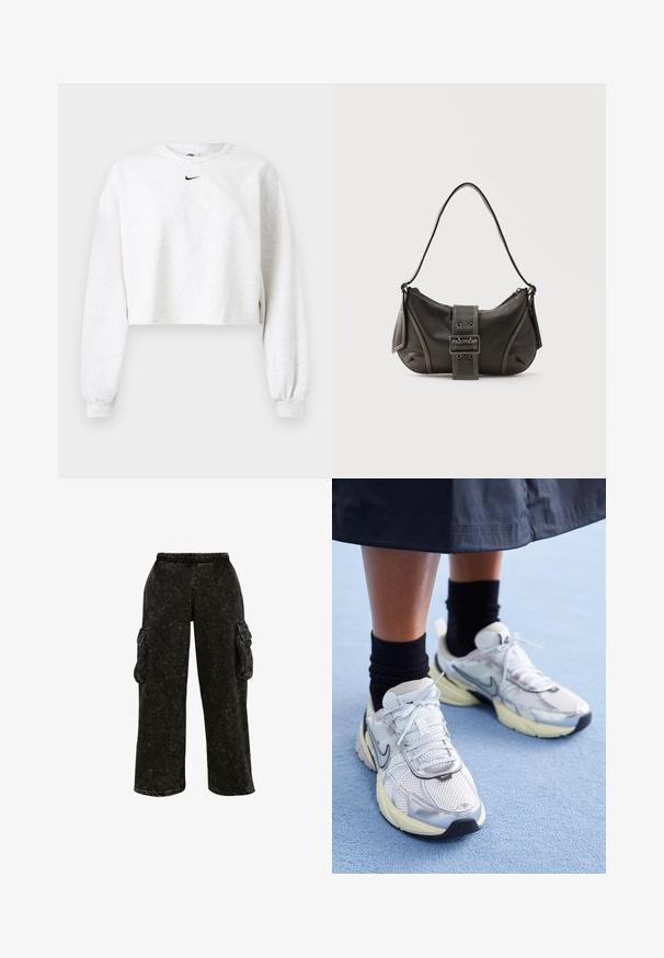 Kroppet sweatshirt i lysegrå, lavet af blødt stof. Har rund hals, lange ærmer med elastiske manchetter og et sort Nike-logo over brystet.; Sorte cargo bukser med tekstureret overflade, elastisk talje og sidelommer. Har brede ben og en afslappet pasform.; Hvide og sølv Nike sneakers med mesh-stof, reflekterende detaljer og en beige sål. Bæres med sorte sokker og står på en blå overflade.; Sort læder skuldertaske med spænde på remmen, afrundede kanter og kontrasterende hvide syninger på en ensfarvet baggrund.