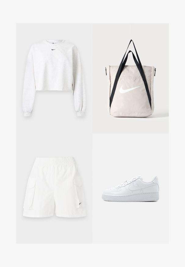 Kerged kangast halli varjundiga lühendatud pikkusega tunkesärk. Omab ümara kaelusega, pika varrukaga ja elastsete mansettidega ning must Nike logo rinna kohal.; Valged cargo lühikesed püksid, millel on elastne vöökoht, kaks küljetaskut ja väike must logo alumisel küljel. Kerge kangas, lõdva disainiga.; Valged madala lõikega Nike Air Force 1 tossud, millel on nööritav sulgemine, auguauguline varbakast ja küljele iseloomulik Swooshi logo.; Beež Nike käekott, millel on suur valge Swooshi logo ja pikad mustad õlarihmad, esiküljel lukuga tasku, seisab otse ühevärvilisel taustal.