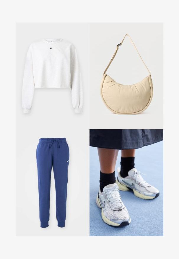 Kroppet sweatshirt i lysegrå, lavet af blødt stof. Har rund hals, lange ærmer med elastiske manchetter og et sort Nike-logo over brystet.; Blå Nike sweatpants med elastisk talje, snøre, afsluttende ankler og hvid Nike swoosh-logo på venstre lår.; Hvide og sølv Nike sneakers med mesh-stof, reflekterende detaljer og en beige sål. Bæres med sorte sokker og står på en blå overflade.; Beige skuldertaske i halvmåneform med en blød, polstret overflade. Har justerbar rem og lynlås langs den øverste kant.