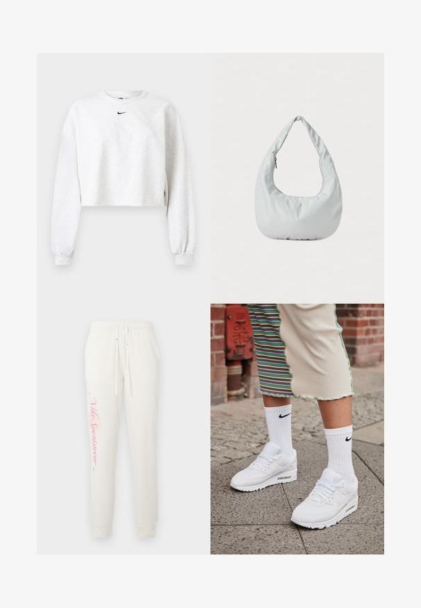Sweat-shirt raccourci de couleur gris clair, en tissu doux. Caractérisé par un col rond, des manches longues avec des poignets élastiques, et un logo Nike noir au-dessus de la poitrine.; Pantalon de survêtement blanc avec une coupe fuselée, arborant un logo "Nike Sportswear" rose sur la jambe gauche et une taille élastique avec cordons de serrage.; Baskets Nike Air Max 90 blanches avec une tige en maille et cuir, dotées d'une unité d'air visible, accompagnées de chaussettes blanches côtelées avec un logo noir.; Sac hobo doux, de couleur gris clair, fabriqué en matériau synthétique. Présente une poignée rembourrée unique et un compartiment zippé sur le côté.