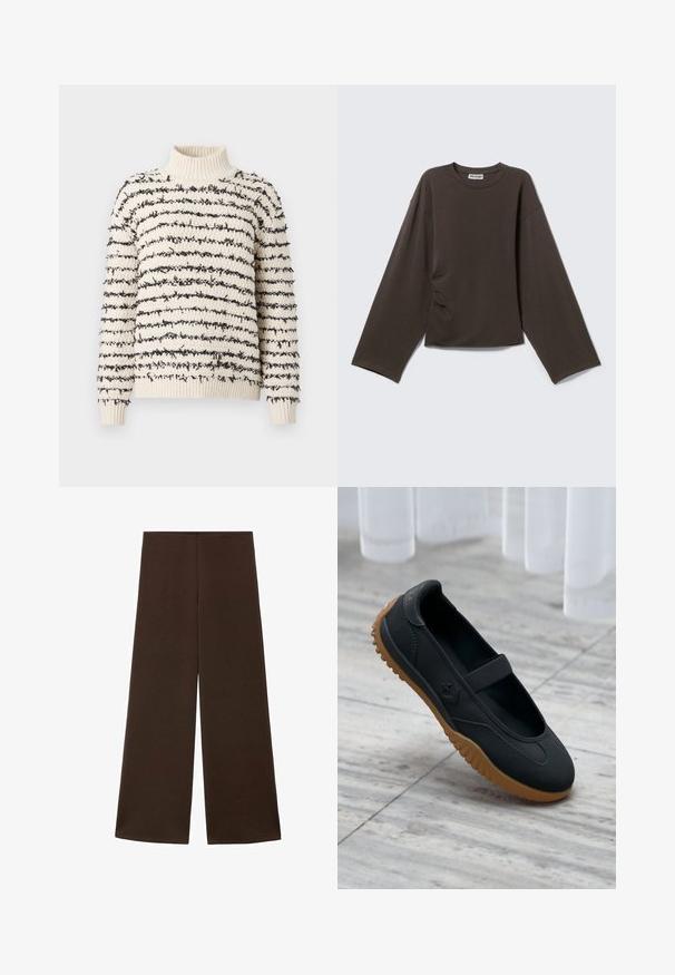 Jersey de punto color crema con rayas horizontales negras texturizadas y cuello alto, puños y dobladillo acanalados.; Camiseta marrón oscuro de manga larga con cuello redondo, ajuste holgado y ligeras arrugas en un lado, mostrada sobre un fondo claro y sencillo.; Pantalones de pierna ancha hechos de una tela suave de color marrón oscuro. Presenta una cintura alta y un diseño minimalista sin adornos.; Zapato negro estilo Mary Jane con correa elástica y suela marrón texturizada, colocado sobre un suelo de mármol con fondo de cortina blanca.