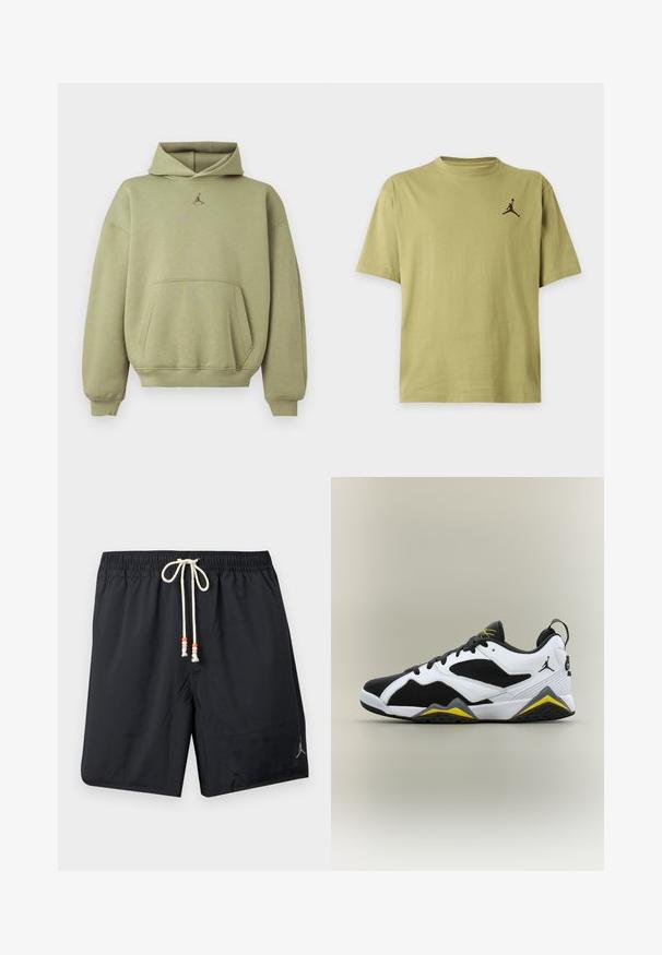 Sweat à capuche vert olive clair avec poche kangourou à l'avant, poignets et ourlet côtelés, et petit logo Jordan noir centré sous l'encolure.; T-shirt uni vert olive à manches courtes avec un petit logo Jumpman noir sur le haut gauche de la poitrine.; Short de bain noir avec taille élastique et cordon blanc avec perles orange et rose, logo Jordan sur la jambe gauche.; Baskets basses noires, blanches et jaunes avec des panneaux en mesh, des lacets et le logo Jordan sur le talon et la languette.