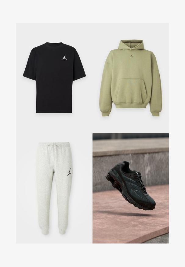 Lys olivengrøn hættetrøje med frontlomme, ribstrikkede manchetter og kant, samt lille sort Jordan-logo centreret under halsudskæringen.; Sort bomuld T-shirt med korte ærmer, med en hvid Jumpman-logo på venstre bryst. Rund halsudskæring, almindelig pasform og glat tekstur.; Grå svedbukser med elastisk talje og snøre, med et sort Jumpman-logo på venstre ben, lavet af blødt, tekstureret stof.; Sort atletisk sneaker med synligt luftdæmpende mellemsål, der svæver over en pink stenoverflade med en grå stenvæg i baggrunden.