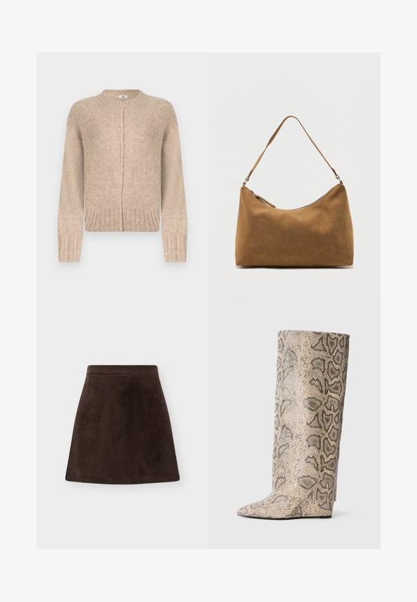 Pull en tricot beige à manches longues, col rond, ourlet côtelé et détail de couture sur le devant. Confectionné dans un matériau doux et texturé.; Jupe trapèze en velours côtelé marron foncé avec une taille cintrée et un ourlet simple, affichée à plat sur un fond gris clair.; Bottes hautes à bout pointu dans un motif en serpent beige et noir. Fabriquées en matériau synthétique texturé avec une finition lisse et élégante.; Sac à bandoulière en daim marron avec une seule sangle et une fermeture éclair supérieure, présenté sur un fond blanc uni.