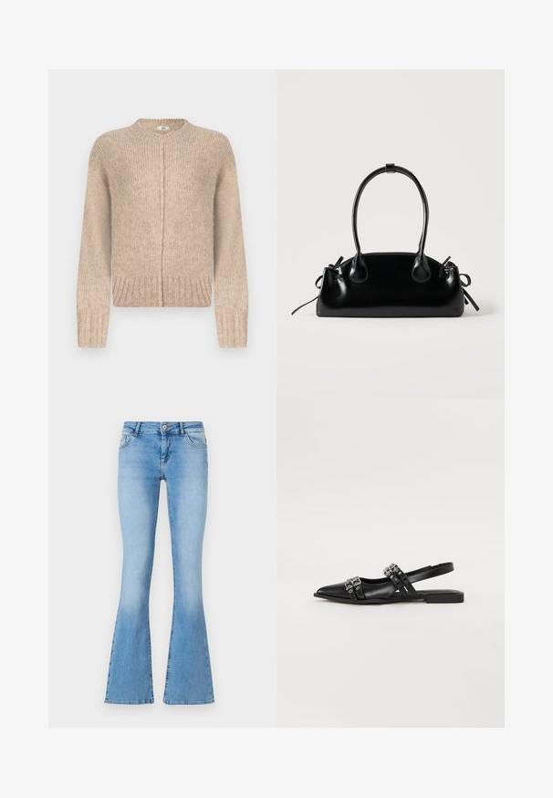 Pull en tricot beige à manches longues, col rond, ourlet côtelé et détail de couture sur le devant. Confectionné dans un matériau doux et texturé.; Jean flare bleu clair en denim, taille mi-haute, avec poches avant et détails de couture le long des coutures et des ourlets.; Even&Odd by Zalando Ballerines à brides arrière - black; Petit sac à main noir brillant avec deux longues anses et des détails à cordon sur les côtés sur un fond clair uni.