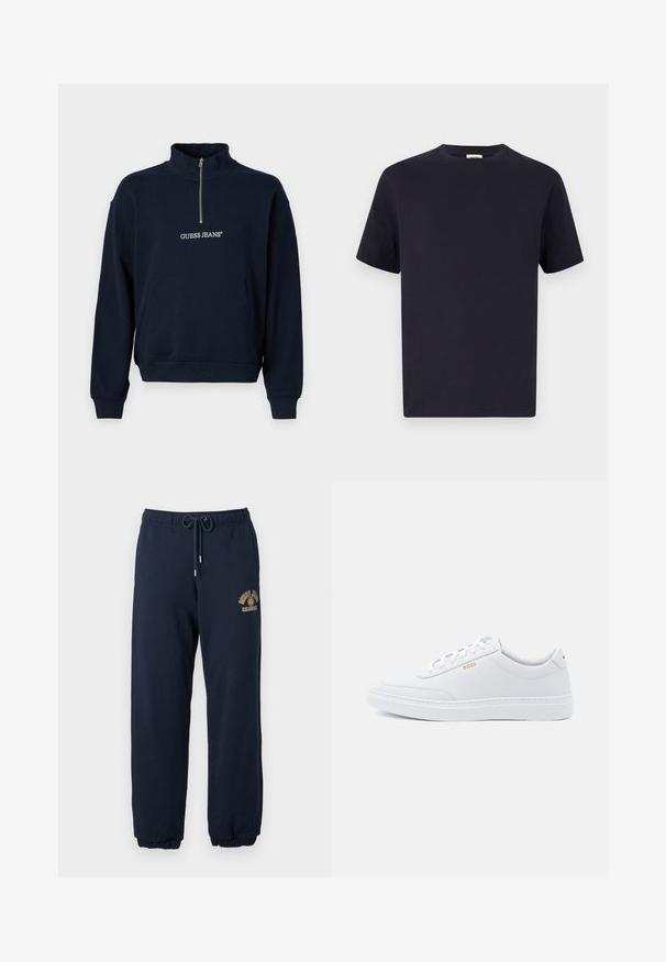 Tummansininen fleece-pullovetoketjulla ja korkealla kauluksella, jossa on edessä kengurutasku ja "GUESS JEANS" -logo valkoisella brodeerauksella.; T-paita tummansinisestä puuvillasta, jossa on pyöreä pääntie, lyhyet hihat ja rento istuvuus; sileä kangas; ei näkyviä kuvioita tai varusteita.; Tummansiniset collegehousut, jotka on valmistettu puuvillasekoitteesta, joustavalla vyötäröllä ja säädettävällä nauhalla; sisältää kultaisen logon reidessä.; Valkoiset nahkakengät, joissa on sileä pinta, pyöreä kärki ja tonalisointi. Varustettu sinisillä nauhoilla ja kultaisella logolla sivussa.