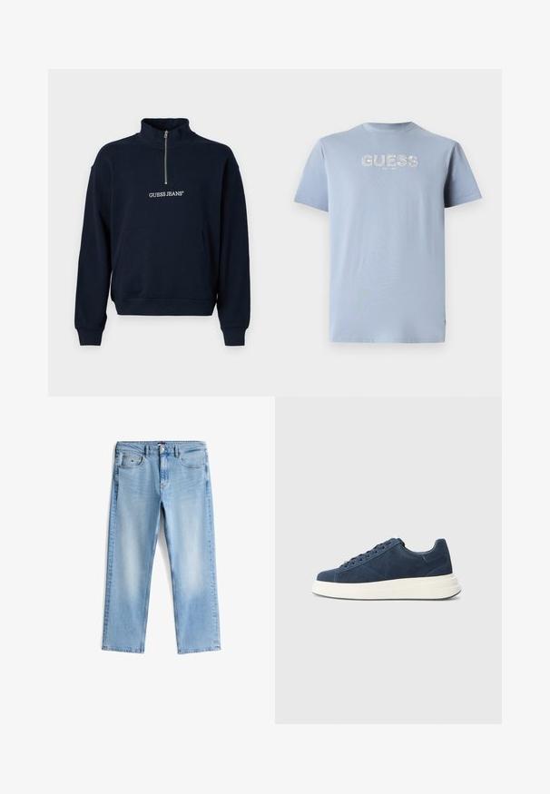 Navy blauwe fleece pullover met een halve rits en hoge kraag, voorzien van een voorste kangaroo zak en het "GUESS JEANS" logo in witte borduursel.; Lichtblauwe katoenen T-shirt met korte mouwen, ronde hals, voorzien van een witte logo-opdruk "GUESS EST. 1981" aan de voorkant. Smalle textuur.; Lichtblauwe spijkerbroek met een rechte pijp, vijf-pocketstijl en een knopenfly. Kenmerkt zich door subtiele vervaging en typische stikseldetails.; Marineblauwe suède sneakers met een witte rubberen zool, voorzien van zes veterogen, een gestructureerde voering en een minimalistisch ontwerp met subtiele stikdetails.