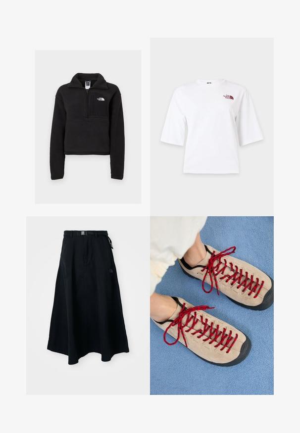 Schwarzer Fleece-Pullover mit Viertelreissverschluss, hohem Kragen und einer Brusttasche mit einem weißen Logo. Weicher Stoff und verkürzter Schnitt.; Weißes Kurzarm-T-Shirt mit rundem Ausschnitt und kleinem kastanienbraunem "The North Face" Logo auf der oberen linken Brust.; Schwarz lange Rock aus strapazierfähigem Stoff, mit einem flachen Bund und einer Schnalle sowie seitlichen Taschen. Logodetail auf der Vorderseite.; Beige Schuhe mit roten Schnürsenkeln, die auf einer blauen strukturierten Fläche positioniert sind und teilweise ein Fußgelenk einer Person zeigen. Die Schuhe haben ein sportliches Design.