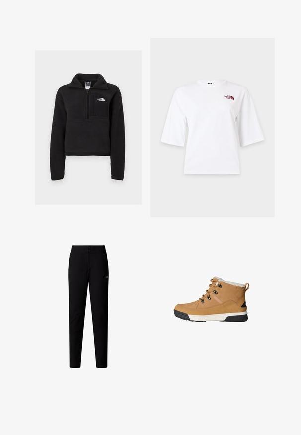 Schwarzer Fleece-Pullover mit Viertelreissverschluss, hohem Kragen und einer Brusttasche mit einem weißen Logo. Weicher Stoff und verkürzter Schnitt.; Weißes Kurzarm-T-Shirt mit rundem Ausschnitt und kleinem kastanienbraunem "The North Face" Logo auf der oberen linken Brust.; The North Face W QUEST SOFTSHELL PANTS - Stoffhose - tnf black; Tan Ankle Boots mit einem strukturierten Leder-Obermaterial, Fleece-Fütterung, runden Schnürsenkeln und einer Gummisohle mit einem schwarz-weißen Design.