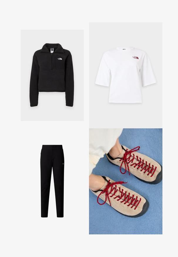 Sort fleece pullover med en kvart lynlås, høj krave og en brystlomme med et hvidt logo. Blød tekstur og cropped design.; Hvid T-shirt med korte ærmer, rund hals og lille vinrødt logo på øverste venstre bryst.; The North Face W QUEST SOFTSHELL PANTS - Bukser - tnf black; Beige sko med røde snørebånd, placeret på en blå tekstureret overflade, delvist synliggørende en persons ankel. Skoene har et sporty design.