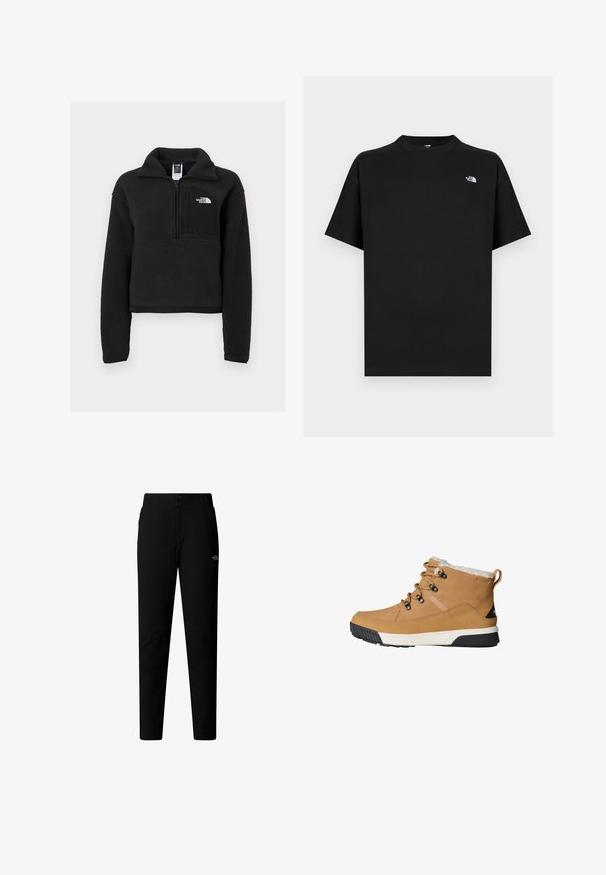 Sort fleece pullover med en kvart lynlås, høj krave og en brystlomme med et hvidt logo. Blød tekstur og cropped design.; Sort t-shirt med korte ærmer lavet af bomuld med rund hals. Har en lille hvid logo på venstre bryst og en standard pasform.; The North Face W QUEST SOFTSHELL PANTS - Bukser - tnf black; Brune ankelstøvler med en tekstureret læderoverdel, fleecefor, runde snørebånd og en gummisål med et sort og hvidt design.