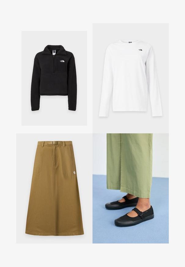 Must mustriga pullover, millel on veerandi tõmblukk, kõrge krae ja rinnaeelik, millel on valge logo. Pehme tekstuur ja lühendatud disain.; Valge pika varrukaga ümara kaelusega särk, millel vasakul rinnal väike must The North Face logo.; Pikk, päevitunud õues seelik esmakandustega, integreeritud vöö ja The North Face logo paremal küljel.; Mustad musta värvi kangast jalanõud ümarate varvastega, kummist talla ja kahe pandla rihmaga. Kombineeritud vabade, helesiniste pükstega.