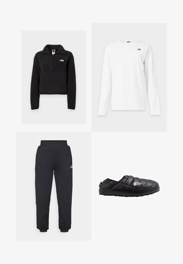 Schwarzer Fleece-Pullover mit Viertelreissverschluss, hohem Kragen und einer Brusttasche mit einem weißen Logo. Weicher Stoff und verkürzter Schnitt.; Weißes Langarmshirt mit Rundhalsausschnitt und kleinem schwarzem The North Face-Logo auf der linken Brust.; The North Face W MOUNTAIN ATHLETICS - Jogginghose - black; Schwarze isolierte Slipperschuh mit gestepptem Obermaterial, Gummisohle und strukturierten Details. Verfügt über eine Zuglasche an der Ferse und Branding an der Seite.