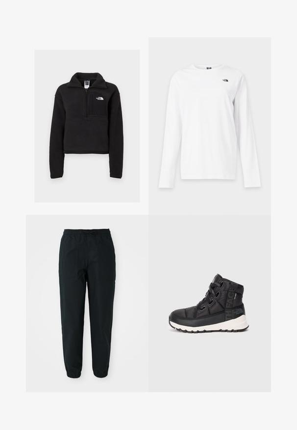 Zwarte fleece pullover met een kwart rits, hoge kraag en een borstzak met een wit logo. Zachte textuur en cropped ontwerp.; Wit shirt met lange mouwen en ronde hals met klein zwart The North Face-logo op de linkerborst.; Zwarte tapered broeken gemaakt van een fijne stof, met een elastische tailleband, trekkoord en zijzakken. Elastische boorden bij de enkels.; Zwarte mid-top wandelschoenen met een gestructureerde afwerking, verstelbare veters en een witte rubberen zool. Heeft merkbranding aan de zijkant.