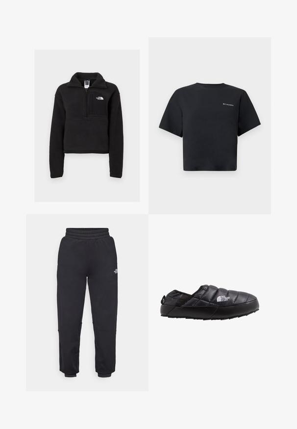 Sort fleece pullover med en kvart lynlås, høj krave og en brystlomme med et hvidt logo. Blød tekstur og cropped design.; Sort kortærmet crop-top t-shirt med lille hvidt Columbia-logo på venstre bryst, rund halsudskæring og enkelt design mod en hvid baggrund.; The North Face W MOUNTAIN ATHLETICS - Træningsbukser - black; Sort isoleret slip-on sko med quiltet overdel, gummisål og strukturel detaljering. Har en hæltrækstrop og branding på siden.