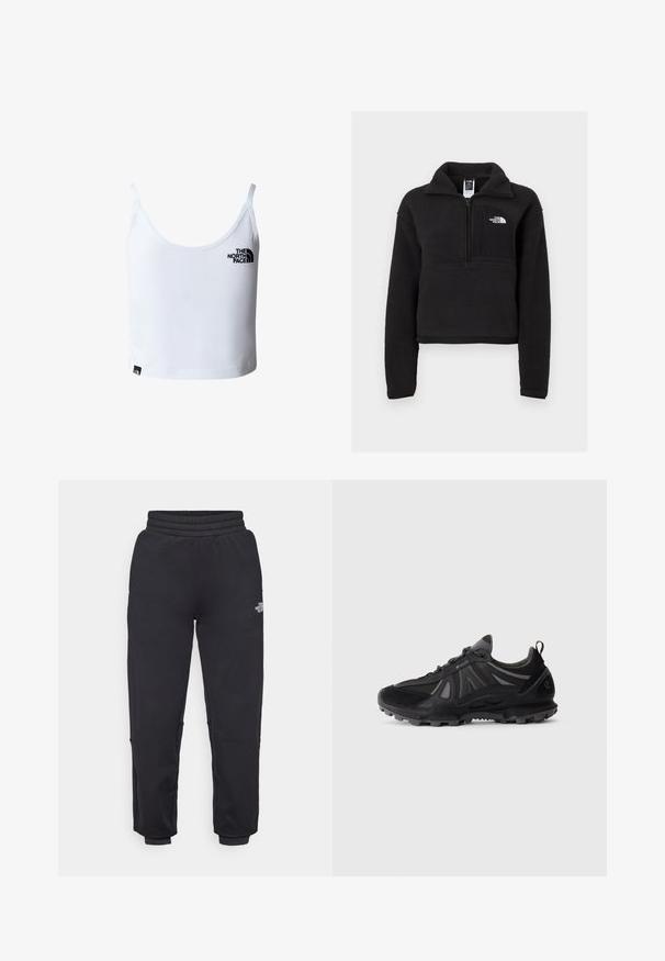 Schwarzer Fleece-Pullover mit Viertelreissverschluss, hohem Kragen und einer Brusttasche mit einem weißen Logo. Weicher Stoff und verkürzter Schnitt.; Weißes kurzes Tanktop mit dünnen Trägern, mit dem schwarzen The North Face-Logo auf der Brust und nahe dem unteren Saum.; The North Face W MOUNTAIN ATHLETICS - Jogginghose - black; Schwarzer Trailrunning-Schuh mit robuster Sohle, Obermaterial aus Mesh und Synthetik, Schnürverschluss und Zuglasche auf weißem Hintergrund.