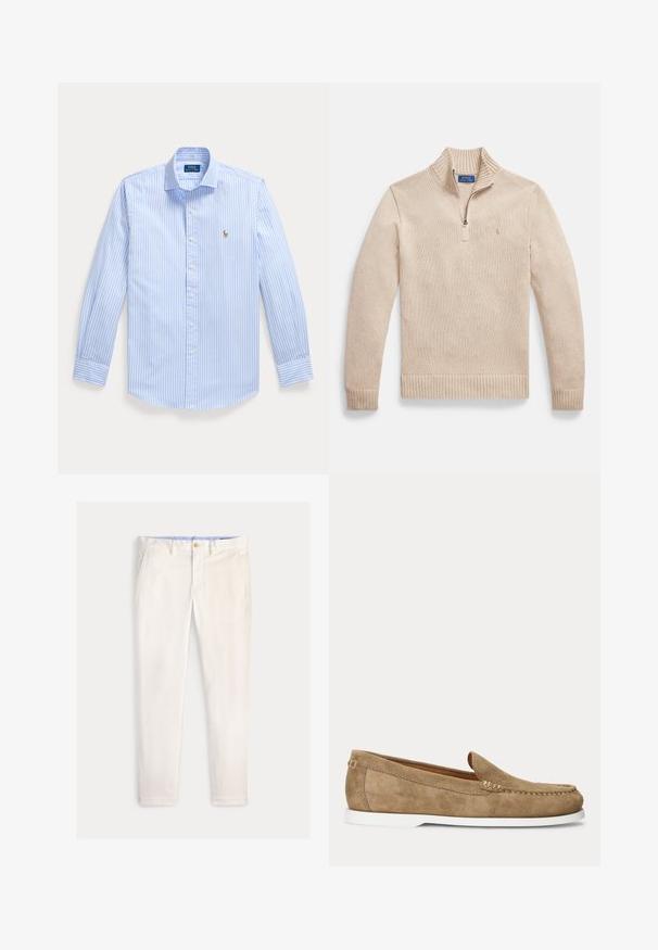 Beige strikket sweater med lynlås lavet af tekstureret strikket stof. Har en ribbet krave og kant samt en lille logo på venstre bryst.; Lyseblå langærmet skjorte med hvide lodrette striber og et lille broderet logo på venstre bryst.; Herre slim-fit off-white bukser med frontlommer, bæltestropper og knaplukning på en ensfarvet baggrund.; Lysebrun ruskind mokasinstil loafer med hvid sål og synlig syning langs tåen og siderne, vist i profil.