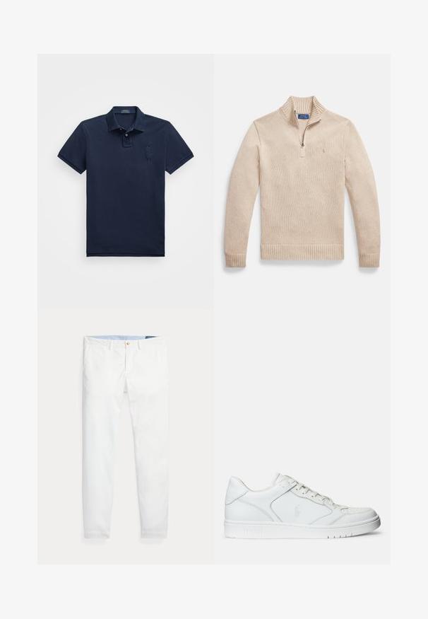 Beežist kangast, tekstureeritud kudumiga zip-up kampsun. Omab ribidega kaelust ja allääri ning väikest logo vasakul rinnal.; Tumesinine lühikeste varrukate polo särk, mis on valmistatud puuvillast. Särgil on kolme nupuga esipaneel, krae ja vasakul rinnal brodeeritud logo.; Valged puuvillast chinos-püksid kitsas lõikega, millel on üks kuldne nööp kinnituseks ja hele sinine sisemine vöökoht. Sile tekstuur ilma mustriteta.; Valged nahast spordijalatsid siledast materjalist, millel on ventilatsiooniga varvas, paelad ja kõrvale brodeeritud logo. Valge kummitald.