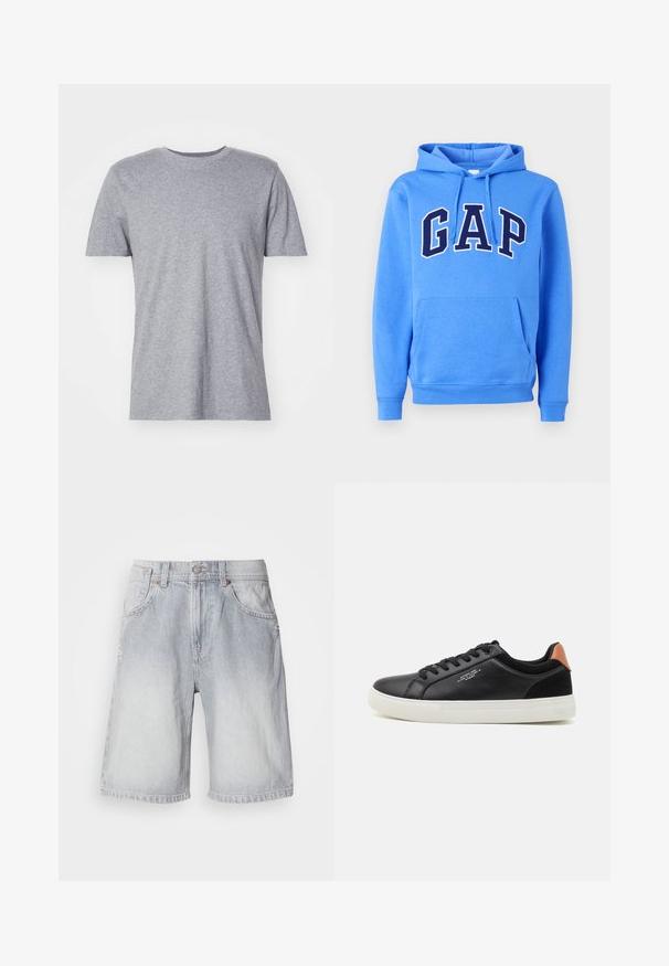 Sudadera azul con capucha, bolsillo delantero y letras "GAP" en azul oscuro con contorno blanco en el pecho.; Camiseta gris de manga corta hecha de una mezcla de algodón, con un clásico cuello redondo y una textura lisa y suave.; Shorts de mezclilla de color azul claro con un acabado deslavado, que presentan bolsillos frontales, cierre de cremallera y un dobladillo deshilachado.; Zapatilla de cuero negra con suela de goma blanca, puntera redondeada, cierre con cordones y un acento en el talón de ante marrón contrastante. Diseño minimalista.