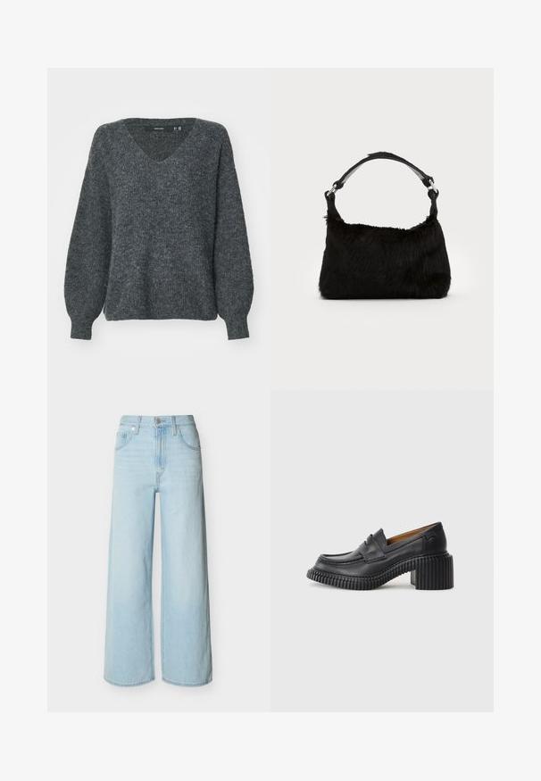Grå strikket sweater med V-hals, afslappet pasform og lange ballonærmer. Har en subtil tekstur og ribbede manchetter ved håndleddene.; Lyseblå vidbenede jeans med forreste knap- og lynlås-lukning, bæltestropper og klassisk design med fem lommer.; Sorte læderloafers med en tyk, rillede gummihæl. Har en rund tå og et vandret rem over vamps. Tekstureret sål.; Sort faux fur håndtaske med en blød tekstur, rund form og en robust skulderrem i sort læder. Synlige sølvhardware-detaljer.