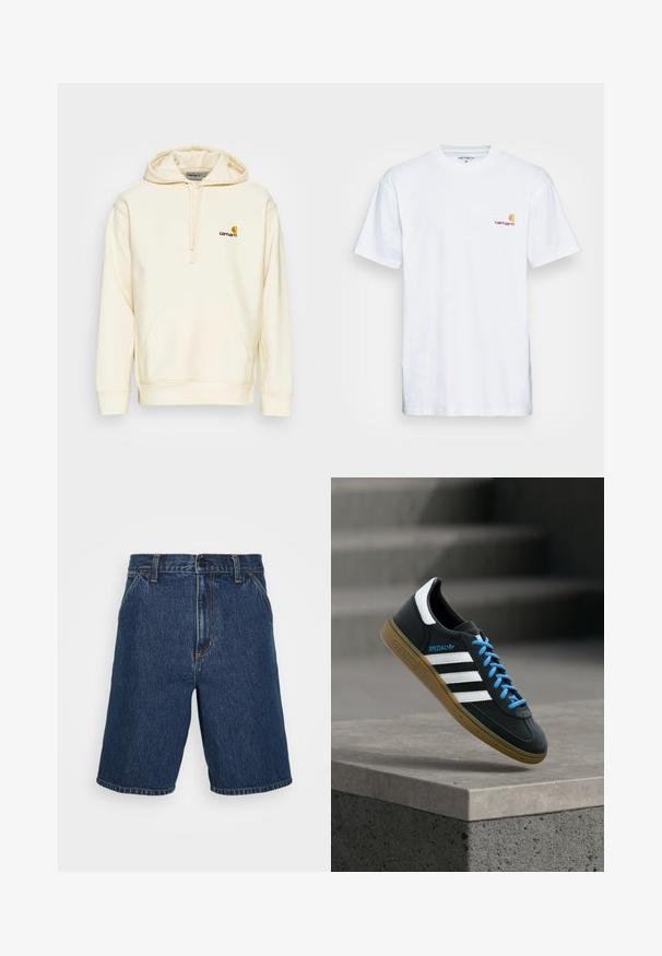 Pullover-Hoodie aus off-white Baumwollmischung. Verfügt über eine Fronttasche, eine Kapuze mit Kordelzug und ein gesticktes Logo in Braun und Gelb auf der Brust.; Weißes Baumwoll-T-Shirt mit kurzen Ärmeln. Entworfen mit einem kleinen orangefarbenen und kastanienbraunen Logo auf der linken Brust. Verfügt über einen klassischen Rundhalsausschnitt.; Dunkelblaue Denim-Shorts mit geradem Schnitt. Mit gelben Nähten und einem klassischen Fünf-Taschen-Design. Regelmäßiger Taillenbund und gesäumte Kanten.; Schwarzer Adidas-Sneaker mit weißen Streifen, blauen Schnürsenkeln und Gummisohle, der über einer grauen Betontreppe im weichen Licht schwebt.