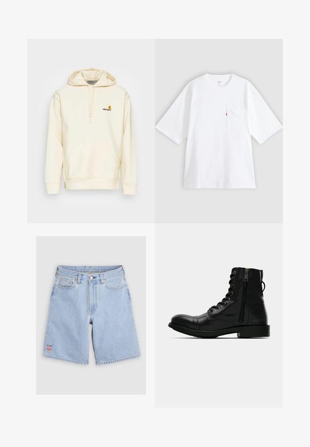Pullover hoodie in off-white katoenmix. Beschikt over een voork pocket, een trekkoord capuchon en een geborduurd logo in bruin en geel op de borst.; Wit katoenen T-shirt met korte mouwen, ronde hals en een borstzak aan de linkerkant. Heeft een klein rood logotagje op de zak.; Lichtblauwe denim shorts met voorzakken, riemlussen, knoopsluiting en een klein USA-schild patch op het linkerbeen.; Zwarte leren enkellaars met een ronde neus, vetersluiting aan de voorkant, zijrits en platte zool. Bevat reliëfbranding op de hak.