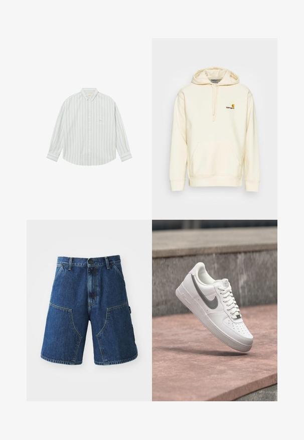 Sweat à capuche en mélange de coton écru. Il présente une poche sur le devant, une capuche avec cordon de serrage et un logo brodé en brun et jaune sur la poitrine.; Chemise blanche à manches longues avec des rayures verticales gris clair et une poche poitrine, présentée à plat sur fond blanc.; Shorts en denim avec un lavage bleu foncé, dotés de grandes poches frontales, d'une fermeture à bouton et de coutures visibles le long des coutures.; Baskets blanches Nike Air Force 1 avec logo swoosh gris flottant au-dessus d'une surface en pierre et un mur en pierre gris en arrière-plan.