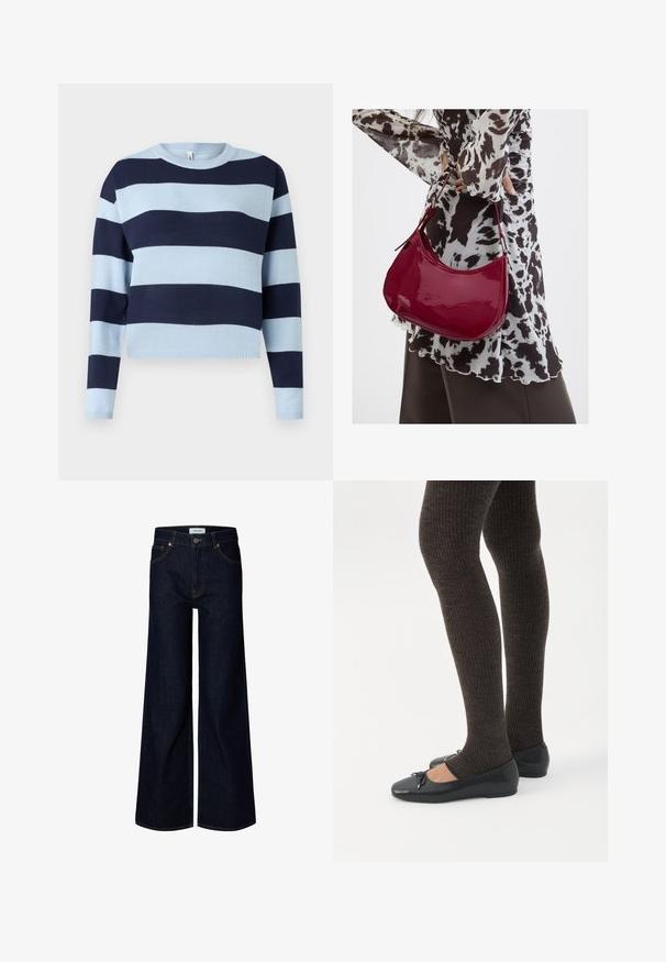 Lyseblå og marineblå stribet sweater med rund halsudskæring, lange ærmer og ribbede manchetter. Fremstillet af et blødt, strikket stof.; Mørkeblå bredbenede denimjeans med frontknap og lynlås, bæltestropper og frontlommer, vist på en hvid baggrund.; Ben iført mørke ribbede leggings kombineret med sorte balletsko med små sløjfedetaljer på hvid baggrund.; Kvinde iført en sort- og hvidmønstret bluse, der holder en blank rød skuldertaske mod en ensfarvet baggrund.