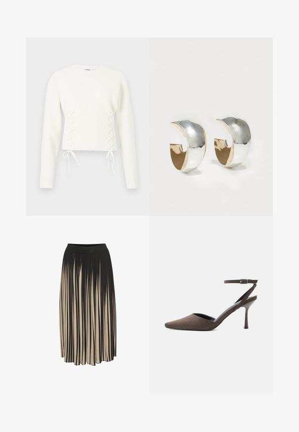 Hvid langærmet strikket sweater med ribbet talje og krydsbind detaljer på forsiden.; Fald midi med plissering i sort og beige med høj elastisk talje, der har lodrette striber og en strømlinet design, der giver bevægelse.; Brun ruskindspointetrukket højhælet sko med tynd ankelrem og sølvspænde på hvid baggrund.; Uncommon Matters SCULPTED CREOLE - Øreringe - silver-coloured/gold-coloured