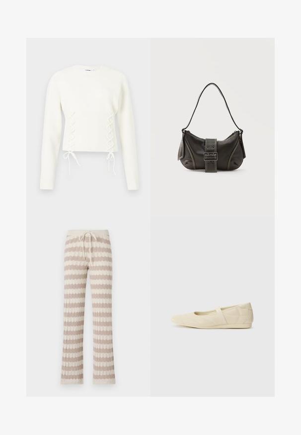 Suéter blanco de manga larga de punto con cintura acanalada y detalles de lazo entrecruzado en los laterales delanteros.; Pantalones de lounge de punto con rayas verticales en beige y crema, que cuentan con una cintura ajustable con cordón y una textura de punto abierto.; Bailarinas beige con un exterior de cuero liso, punta en forma de almendra y una correa elástica en el empeine, con detalles de costura sutiles.; Bolso de hombro de cuero negro con detalle de correa con hebilla, bordes curvos y costuras blancas en contraste sobre un fondo liso.