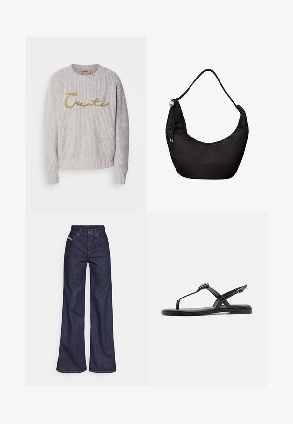 Grauer gerippter Pullover mit Rundhalsausschnitt und langen Ärmeln. Auf der Vorderseite steht in goldenen Buchstaben das Wort "Create".; Dunkelblaue weite Jeans aus Denimstoff mit hoher Taille, ausgestattet mit orangefarbenen Nähten, fünf Taschen und einem Knopfverschluss.; Schwarze Lackledersandalen mit einem Zehenstegdesign, flacher Sohle und einem goldfarbenen Akzent am Riemen. Verstellbarer Schnallenverschluss.; Schwarze, halbmondförmige Schultertasche mit verstellbarem Kordelriemen und kleinem, geprägt CK-Logo in der unteren Mitte.
