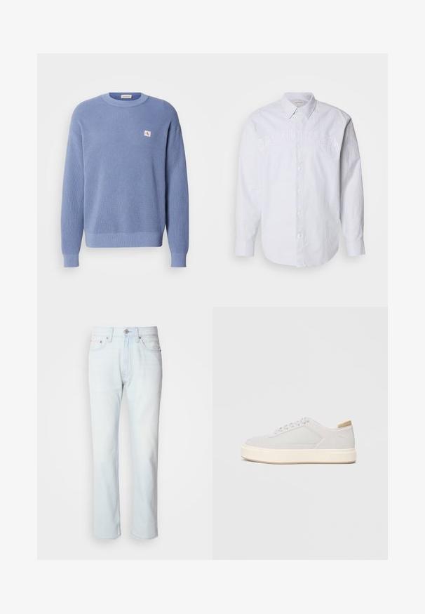 Pull en tricot bleu clair avec une texture côtelée, encolure ronde et coupe légèrement oversize. Présente un petit logo brodé sur la poitrine.; Chemise blanche à manches longues en lin avec des rayures verticales bleues, dotée d'un bouton sur le devant et du logo « CALVIN KLEIN » en relief sur la poitrine.; Jean en denim bleu clair avec une coupe droite. Présente une fermeture à bouton et des passants de ceinture, mettant en valeur une texture décolorée et des coutures minimalistes.; Baskets gris clair avec une tige synthétique lisse, un bout rond et une semelle intermédiaire texturée couleur crème. Accents beige clair au niveau du talon.