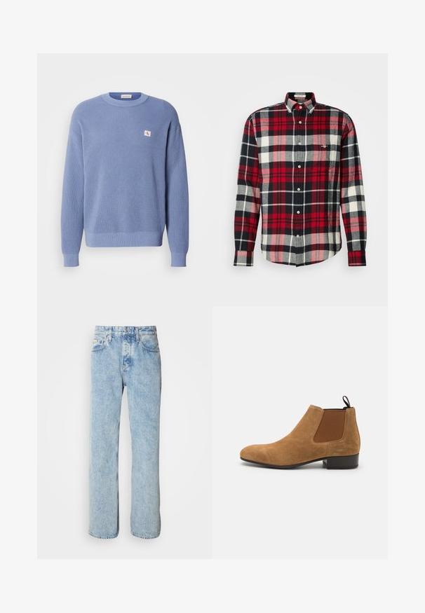 Svetlo modrý pletený sveter s rebrovou textúrou, okrúhlym výstrihom a mierne oversized strihom. Obsahuje malú nášivku s logom na hrudi.; Dlhý rukáv, košeľa na gombíky s červeným, čiernym, šedým a bielym károvaným vzorom, s golierom na gombíky a náprsníkom.; Svetlomodré riflové nohavice s rovným strihom, dizajnom s piatimi vreckami a viditeľným šitím. Klasický pás so zapínaním na gombík.; Hnedé semišové Chelsea topánky s elastickými bočnými panelmi, zaoblenou špičkou a nízkym vrstveným podpätkom. Obsahujú pútko pre jednoduché obúvanie.