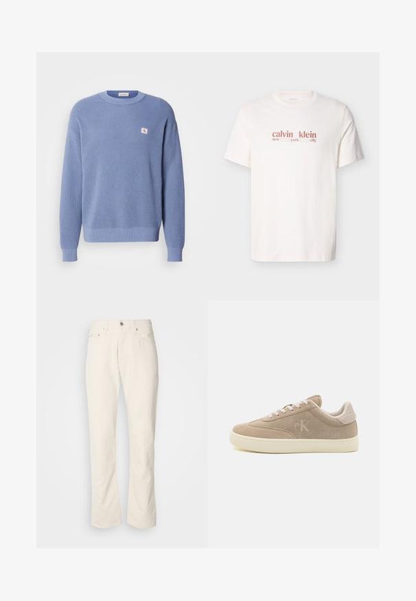 Suéter de punto azul claro con textura de canalé, cuello redondo y corte ligeramente oversize. Presenta un pequeño parche con el logo en el pecho.; Camiseta blanca de algodón con texto rojo que dice "calvin klein new york city." Mangas cortas y cuello redondo.; Jeans de algodón color beige con un diseño clásico de pierna recta, que cuentan con un cierre frontal de botón, cinco bolsillos y detalles de costura sutiles.; Zapatillas de ante beige con un acabado texturizado, cordones blancos y suela crema. Presentan un sutil logotipo "ck" en el lateral y una marca en el talón.