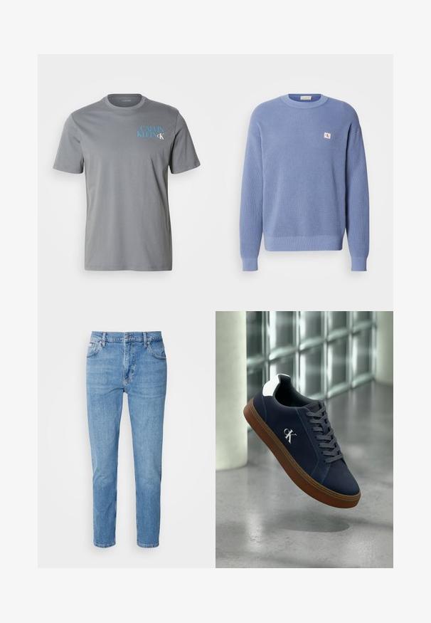 Lyseblå strikket sweater med en ribbet tekstur, rund hals og en let oversized pasform. Har et lille logo patch på brystet.; Grå bomulds t-shirt med rund hals, korte ærmer, med blå "CALVIN KLEIN" tekst trykt på venstre side. Glat tekstur.; Lys blå denim jeans med lige snit, fem-lomme design og subtilt slid. Har knaplukning og bæltestropper.; Marineblå sneakers med brun sål, grå snørebånd, hvid hælaccent og hvidt "CK"-logo, svævende indendørs nær glasstensvæg og betongulv.