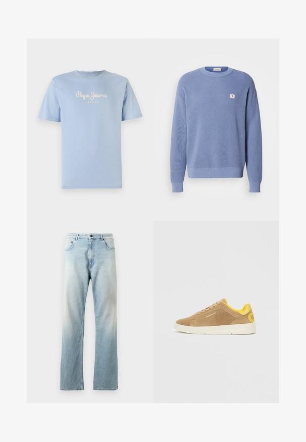 Helles blaues gestricktes Sweatshirt mit geripptem Muster, rundem Halsausschnitt und leicht oversized Passform. Verfügt über einen kleinen Logo-Aufnäher auf der Brust.; Helles Blaues Baumwoll-T-Shirt mit Rundhalsausschnitt und kurzen Ärmeln. Es zeigt "Pepe Jeans London" in weißer, geschwungener Schrift auf der Brust.; Hellblaue Jeans aus Denim mit geradem Bein, das eine ausgewaschene Textur aufweist, fünf Taschen hat und einen Knopfverschluss am Bund hat.; Wildlederschuhe in Hellbraun mit einem gelben Fersendetail, weißer Gummisohle und beigen Schnürsenkeln. Logo an der Seite, strukturierte Oberfläche.