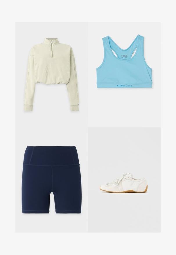 Sweat-shirt court beige clair avec manches longues, poignets côtelés et fermeture éclair courte sur le devant jusqu'au col montant.; T-shirt de sport crop top bleu clair fabriqué à partir d'un tissu lisse, avec un design dos nageur et un logo bleu foncé à la taille.; Shorts ajustés taille haute bleu marine avec coutures plates et longueur mi-cuisse, présentés sur un fond uni clair.; Baskets blanches avec une tige douce, dotées de lacets clairs, d'un bout arrondi et d'une semelle en caoutchouc couleur gomme. Texture lisse avec des lignes de design courbes.