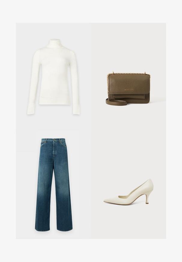 Chemise blanche à col roulé manches longues ajustée, présentée sur un fond gris clair.; Jean denim bleu à jambes larges, taille haute, fermeture devant par bouton et zip, et poches avant sur fond uni.; Chaussure à talon haut en cuir couleur crème, à bout pointu et talon fin de hauteur moyenne, sur un fond clair uni.; Sac bandoulière en cuir vert olive Michael Kors avec rabat, bandoulière chaîne dorée et poche avant, présenté sur fond blanc uni.