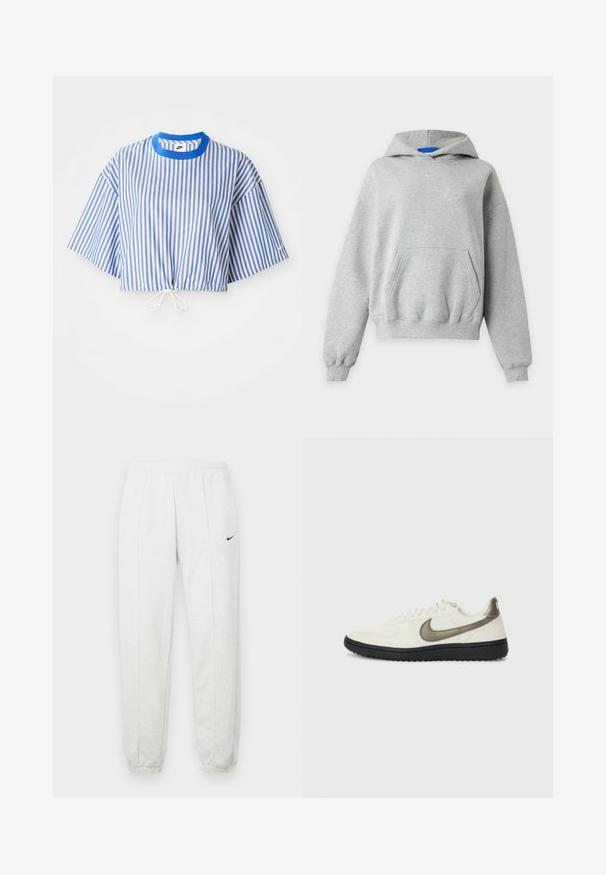 Svetlosivá mikina s kapucňou a dlhým rukávom, s predným klokankovým vreckom, rebrovanými manžetami a lemom a malým bielym logom Nike umiestneným v strede blízko výstrihu.; Zrezaná blúzka s modro-bielymi vertikálnymi pruhmi, krátkymi širokými rukávmi a sťahovacou šnúrkou v páse. Má modrý okrúhly výstrih.; Svetlosivé tepláky Nike s elastickým pásom, zúženými lemami a malým čiernym logom na ľavom stehne. Mäkká, textúrovaná tkanina.; Nike Sportswear FIELD GENERAL - Tenisky - off-white/black