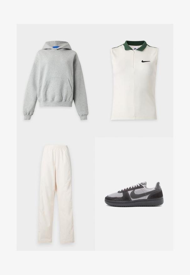 Svetlosivá mikina s kapucňou a dlhým rukávom, s predným klokankovým vreckom, rebrovanými manžetami a lemom a malým bielym logom Nike umiestneným v strede blízko výstrihu.; Biely bezrukávnik Nike s rebrovanou textúrou, tmavozeleným golierom, polovičným zipsom a čiernym logom Nike na hrudi.; Voľné nohavice krémovej farby s elastickým pásom a rovnými nohavicami, zobrazené na bielom pozadí.; Nízke tenisky s šedou sieťovinou, čiernymi textúrovanými vrstvami, čiernou podrážkou, bielymi šnúrkami a čiernym logom Nike na boku.