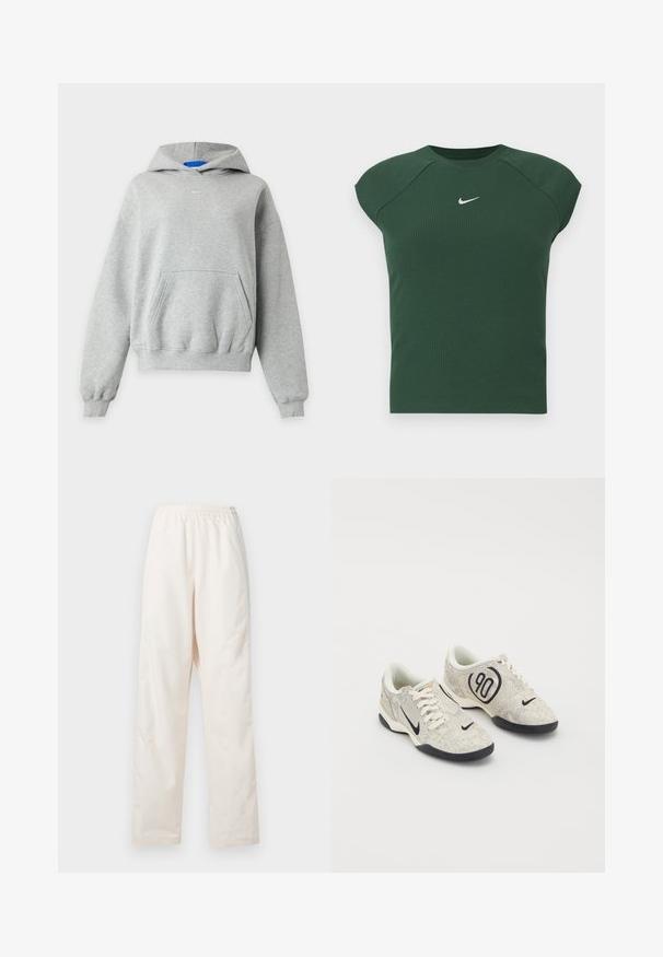 Sudadera con capucha de manga larga de color gris claro con bolsillo canguro delantero, puños y dobladillo acanalados y un pequeño logo blanco de Nike centrado cerca del cuello.; Top atlético de manga corta en verde oscuro con textura acanalada y cuello redondo, que presenta un pequeño logotipo de Nike en blanco en el pecho.; Pantalones de color crema con cintura elástica y corte de pierna recta, de ajuste suelto, exhibidos sobre un fondo blanco liso.; Zapatillas Nike con un upper texturizado en beige y gris, acentos negros, un gran logo de "90" y un cierre de cordones blancos. Suela negra.