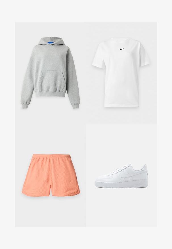Helehall halli kapuutsiga pusa pikkade varrukatega esikangarootasku, soonikkoes varruka- ja alläärtega ning väike valge Nike logo kaeluse lähedal keskel.; Valge lühikeste varrukatega ümarakaelusega T-särk, millel on väike must Nike Swoosh logo krae lähedal keskel.; Roosa ribaga spordilühikesed püksid elastse vöökoha ja külgõmblustega, mille vasakus alumises nurgas on väike logo.; Valged madala lõikega Nike Air Force 1 tossud, millel on nööritav sulgemine, auguauguline varbakast ja küljele iseloomulik Swooshi logo.