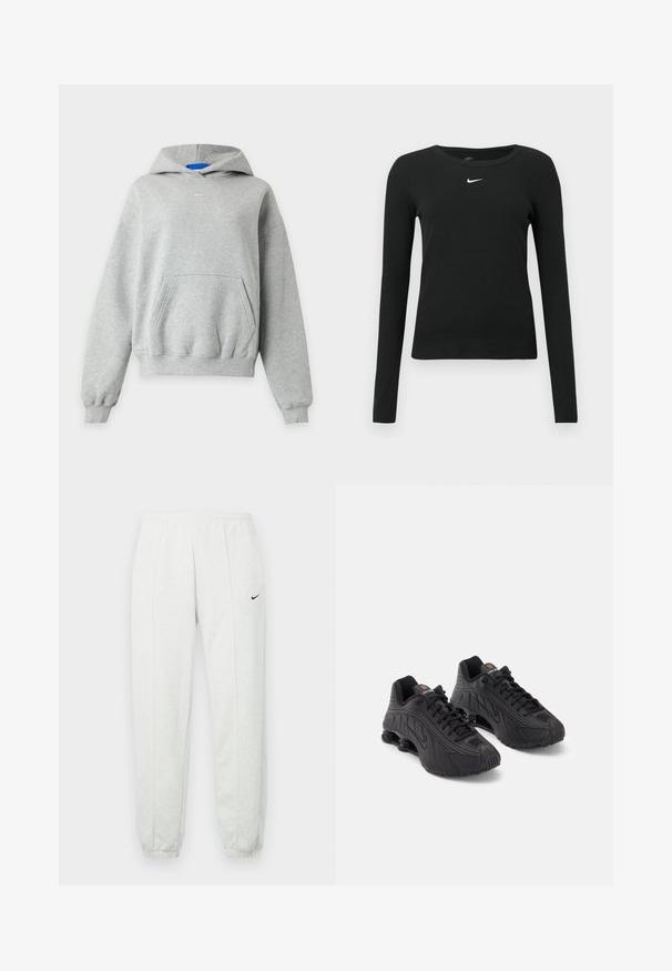 Sudadera con capucha de manga larga de color gris claro con bolsillo canguro delantero, puños y dobladillo acanalados y un pequeño logo blanco de Nike centrado cerca del cuello.; Camiseta negra ajustada de manga larga hecha de tela acanalada, con cuello redondo y un sutil logo blanco de Nike en el pecho.; Pantalones deportivos Nike de color gris claro con una cintura elástica, puños ajustados y un pequeño logo negro en el muslo izquierdo. Tela suave y texturizada.; Zapatillas deportivas negras con una parte superior sintética lisa, acentos texturizados, diseño de cordones y amortiguación de resorte visible en el talón.