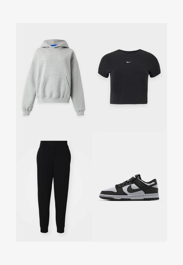Sweat à capuche gris clair à manches longues avec une poche kangourou à l'avant, des poignets et un ourlet côtelés, et un petit logo Nike blanc centré près de l'encolure.; T-shirt court noir en coton, avec un col rond et des manches courtes. Logo Nike blanc notable sur la poitrine.; Pantalons de jogging noirs en tissu doux, avec une jambe ajustée, un waistband élastique et des poignets côtelés, dotés de coutures latérales pour un look soigné.; Baskets basses Nike Dunk noires et grises avec un bout perforé, des accents en cuir lisse et une semelle en caoutchouc avec un motif de traction texturé.