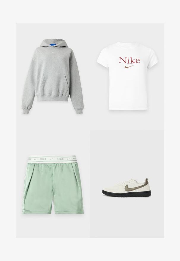 Sweat à capuche gris clair à manches longues avec une poche kangourou à l'avant, des poignets et un ourlet côtelés, et un petit logo Nike blanc centré près de l'encolure.; T-shirt blanc à manches courtes avec le texte "Nike" en rouge et un logo en forme de swoosh Nike à motif léopard centré sur la poitrine.; Short de sport Nike vert clair avec une ceinture élastique blanche affichant des logos Nike répétés et des poches latérales.; Nike Sportswear FIELD GENERAL - Baskets basses - off-white/black