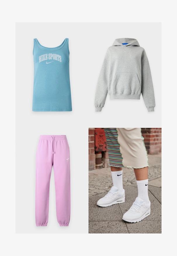 Lichtgrijze hoodie met lange mouwen, een kangaroezak aan de voorkant, geribde boorden bij de mouwen en zoom, en een klein wit Nike-logo gecentreerd vlak bij de halslijn.; Lichtblauw sporttanktop met brede ronde hals, mouwloos ontwerp en "NIKE SPORTS" in witte letters over de borst gedrukt. Zacht katoenmateriaal.; Lichtpaarse Nike sweatpants met elastische tailleband, verstelbare trekkoord, elastische boorden en wit Nike swoosh-logo op de linker dij.; Witte Nike Air Max 90 sneakers met een bovenwerk van mesh en leer, voorzien van een zichtbare luchtunit, gecombineerd met witte geribbelde sokken met een zwart logo.