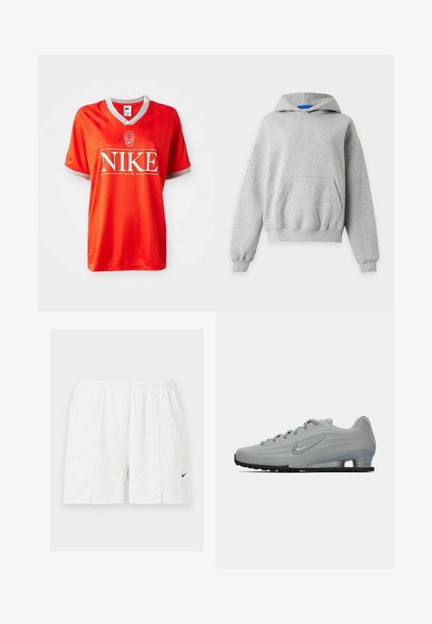 Lysegrå hættetrøje med lange ærmer, front-kængurulomme, ribkanter ved ærmer og skørt samt et lille hvidt Nike-logo centralt nær halsudskæringen.; Rød Nike trøje med V-hals, grå pynt på ærmerne og stort hvidt "NIKE" logo. Glat, letvægtsstof med subtilt stribet mønster.; Hvide atletikshorts med elastisk taljebånd og sort Nike-swoosh-logo på venstre ben, vist på ensfarvet baggrund.; Sidelæns udsigt af en lysegrå Nike sneaker med snørebånd, et swoosh-logo og en gennemsigtig sål med komfortabel dæmpning på en ensfarvet baggrund.