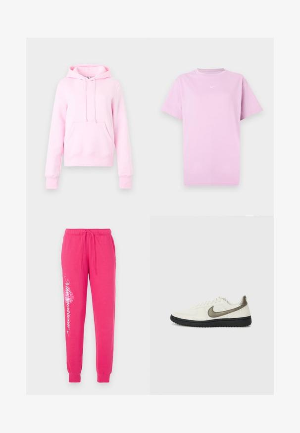 Lyserød pullover-hoodie med front kængurulomme, justerbar snøre i hætten samt ribbet kant og manchetter på ensfarvet baggrund.; Lyserød kortærmet Nike T-shirt med rund hals og lille hvid Nike swoosh-logo centralt på brystet.; Lyserøde sweatpants lavet af blødt stof, med snor i taljen, tapered cuffs og hvid grafisk tekst på venstre ben.; Nike Sportswear FIELD GENERAL - Sneakers - off-white/black